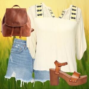 ELODIE Embroidered Crochet Boho Peasant Top GUC